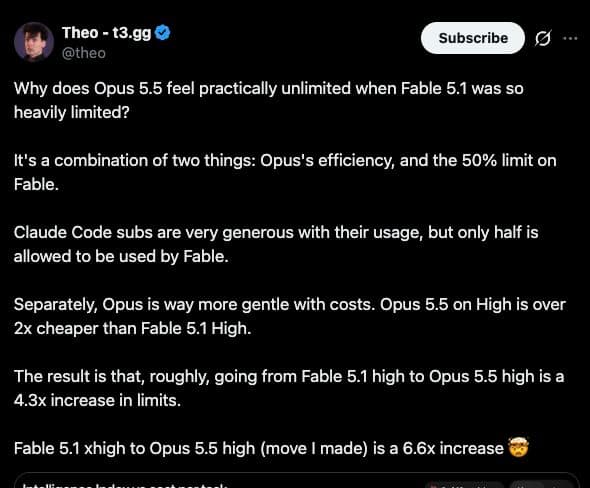 Even Theo from t3.gg is impressed with the seeming unlimited usage you get with Opus 5.5.